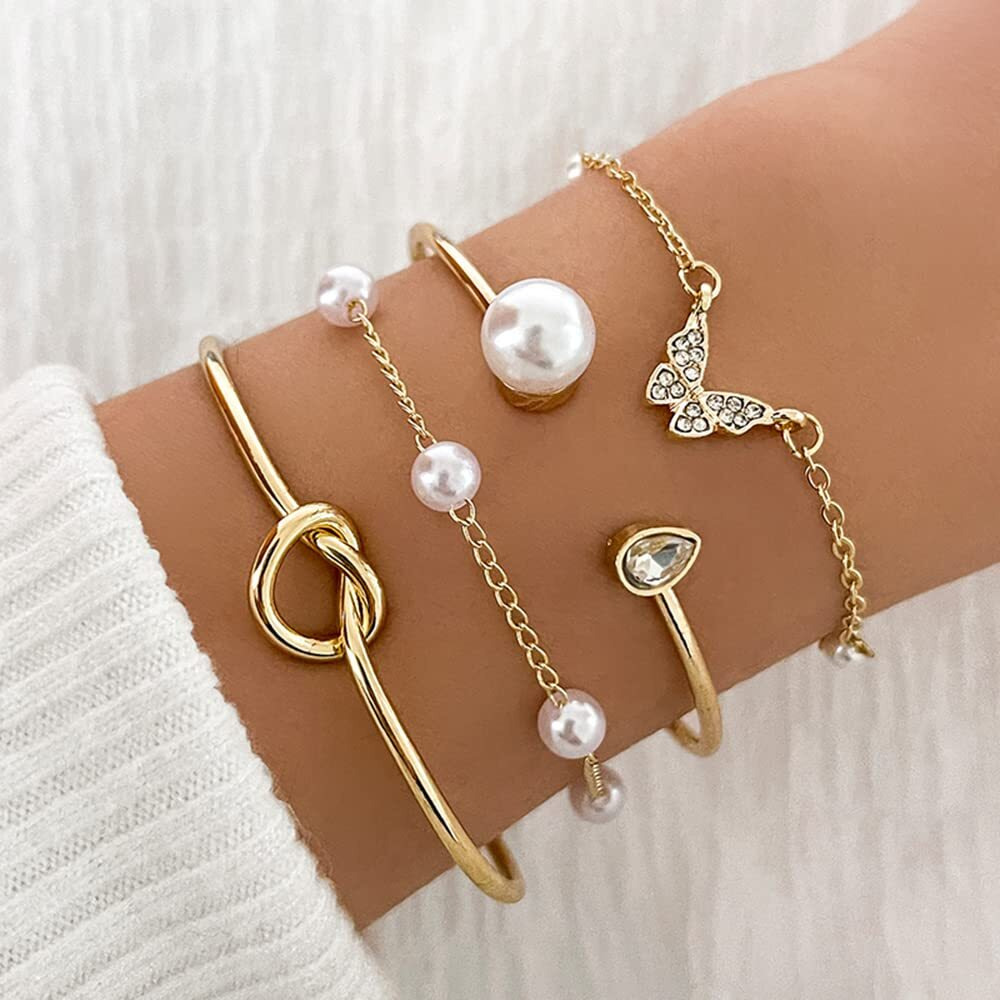 Shining Diva Fashion Latest Stylish 4pcs Multilayer Pearl Butterfly Bangle Bracelet for Women and Girls (14753b)