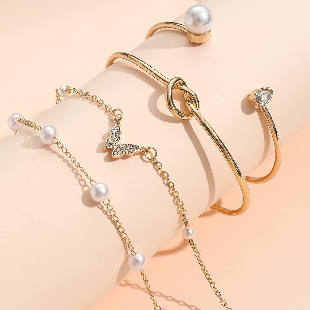 Shining Diva Fashion Latest Stylish 4pcs Multilayer Pearl Butterfly Bangle Bracelet for Women and Girls (14753b)