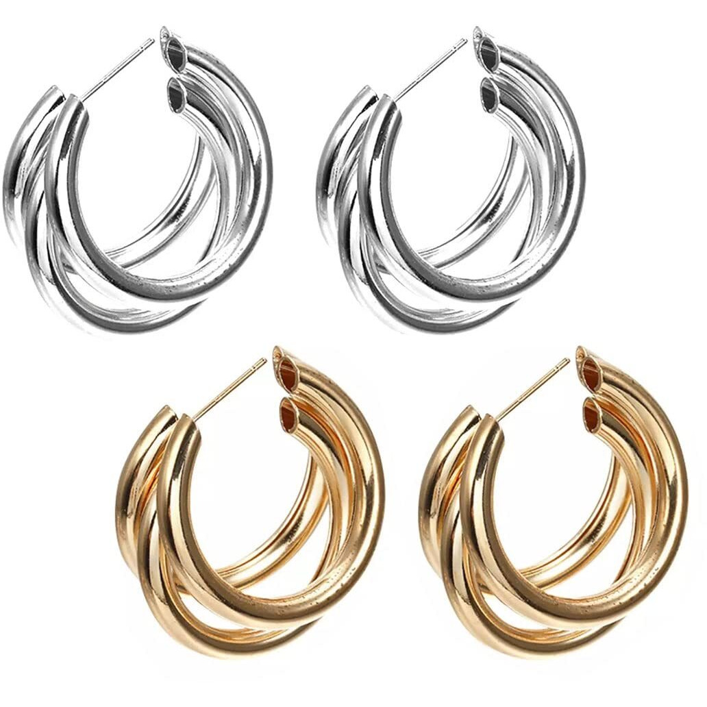 Shining Diva Fashion Latest Stylish Gold Silver Combo Triple Hoop Earrings for Women And Girls (cmb299_14610_14611)