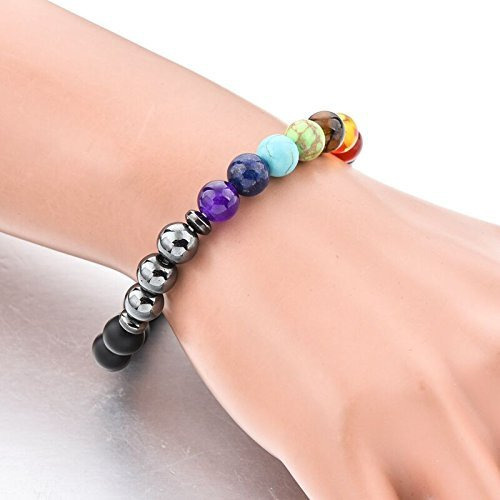 Hot And Bold Unisex Adult 7 Chakra Triple Protection Bracelet Natural Stones With Certificate Of Authenticity (Onyx Hematite 7 Chakra)