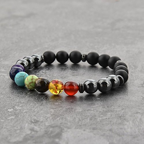 Hot And Bold Unisex Adult 7 Chakra Triple Protection Bracelet Natural Stones With Certificate Of Authenticity (Onyx Hematite 7 Chakra)