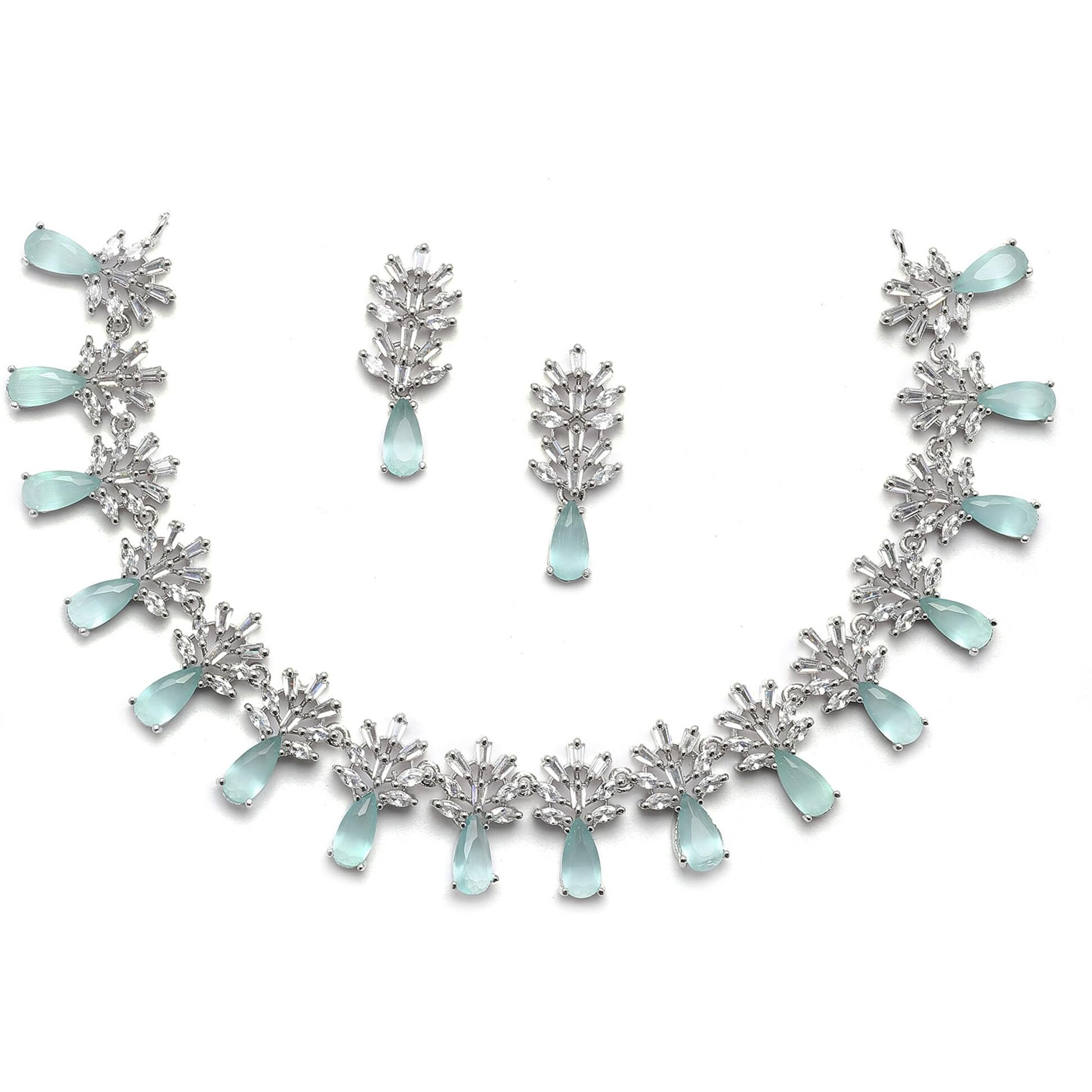 ZENEME Rhodium-Plated Silver Toned Teardrop Shaped American Diamond Studded Necklace Earrings Jewellery Set for Girls and Women (Lime Green)