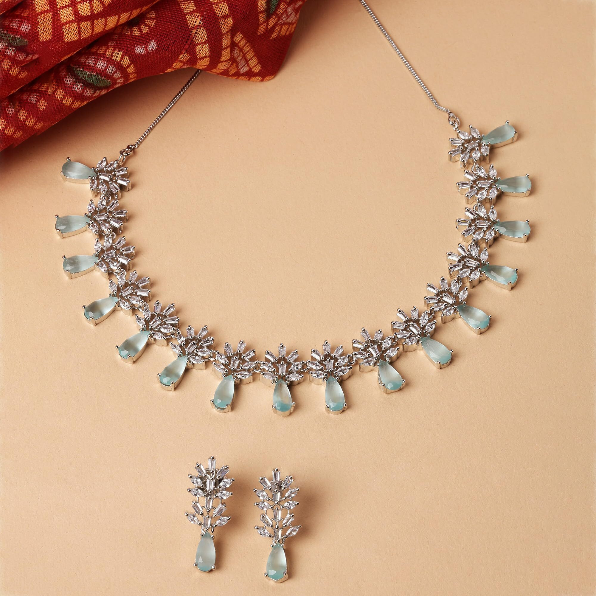ZENEME Rhodium-Plated Silver Toned Teardrop Shaped American Diamond Studded Necklace Earrings Jewellery Set for Girls and Women (Lime Green)
