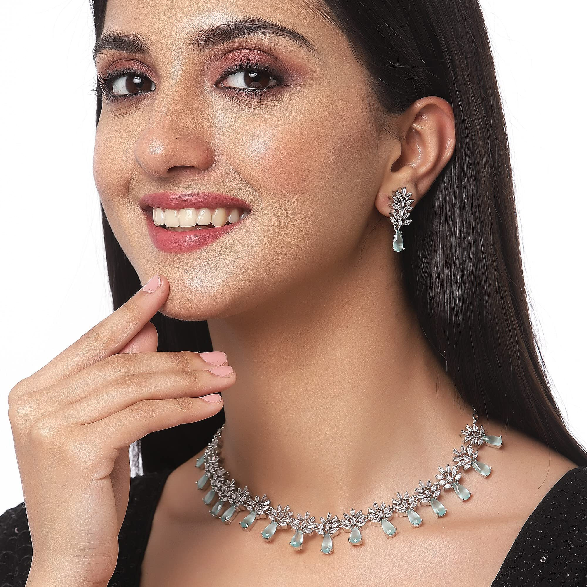 ZENEME Rhodium-Plated Silver Toned Teardrop Shaped American Diamond Studded Necklace Earrings Jewellery Set for Girls and Women (Lime Green)