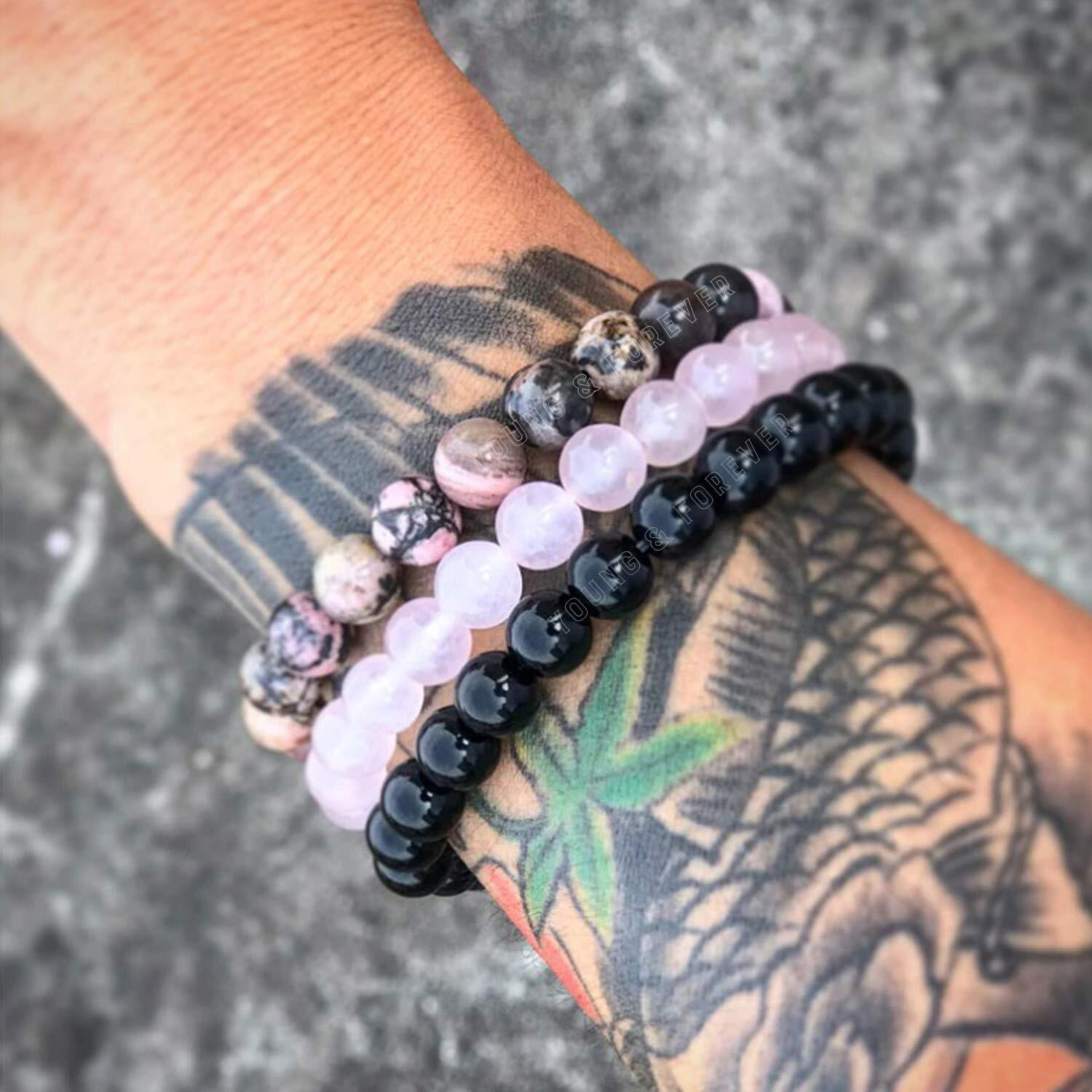 Young & Forever Gift Dvine Spiritual Natural Semi-Precious Rhodonite Rose Quartz Onyx Reiki Bracelet for Men and Women Set of 3