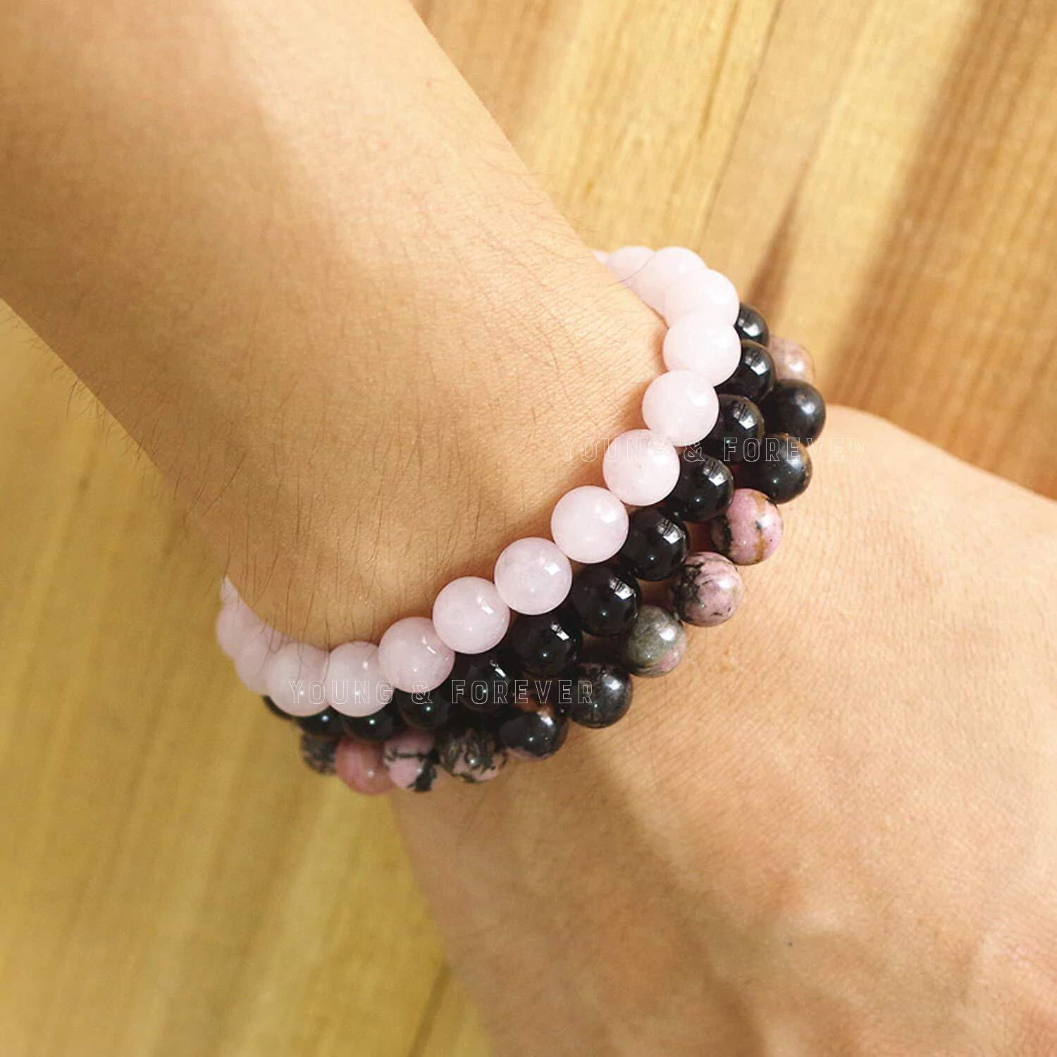 Young & Forever Gift Dvine Spiritual Natural Semi-Precious Rhodonite Rose Quartz Onyx Reiki Bracelet for Men and Women Set of 3