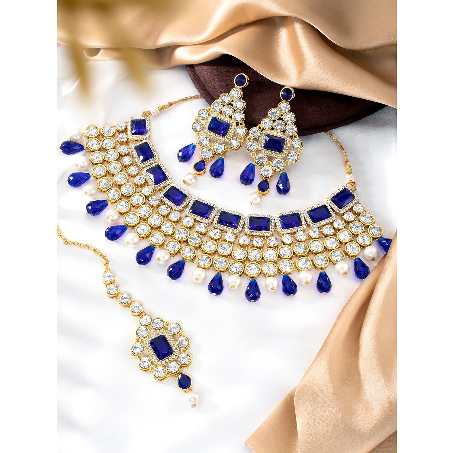Peora Kundan Studded Choker Necklace with Maang Tikka & Dangle Earrings Indian Traditional Bridal Wedding Jewellery Set for Women (Pink)