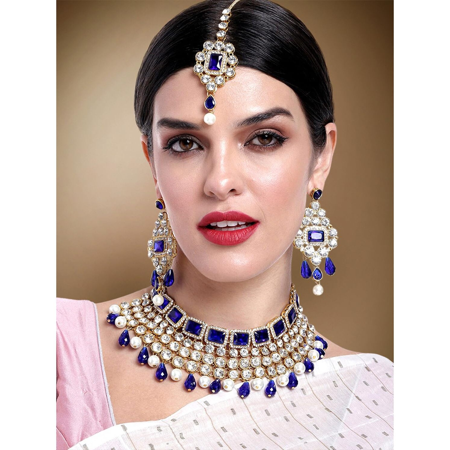 Peora Kundan Studded Choker Necklace with Maang Tikka & Dangle Earrings Indian Traditional Bridal Wedding Jewellery Set for Women (Pink)