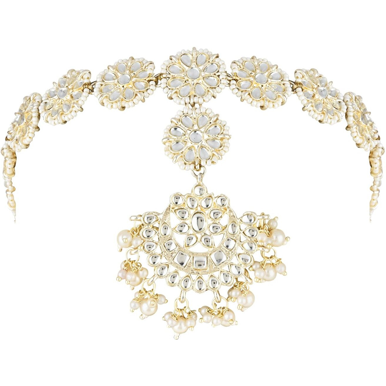 I Jewels Gold Plated Traditional Floral Kundan Pearl Studded Rajasthani Sheeshphool/SheeshPatti for Women (T2066W)