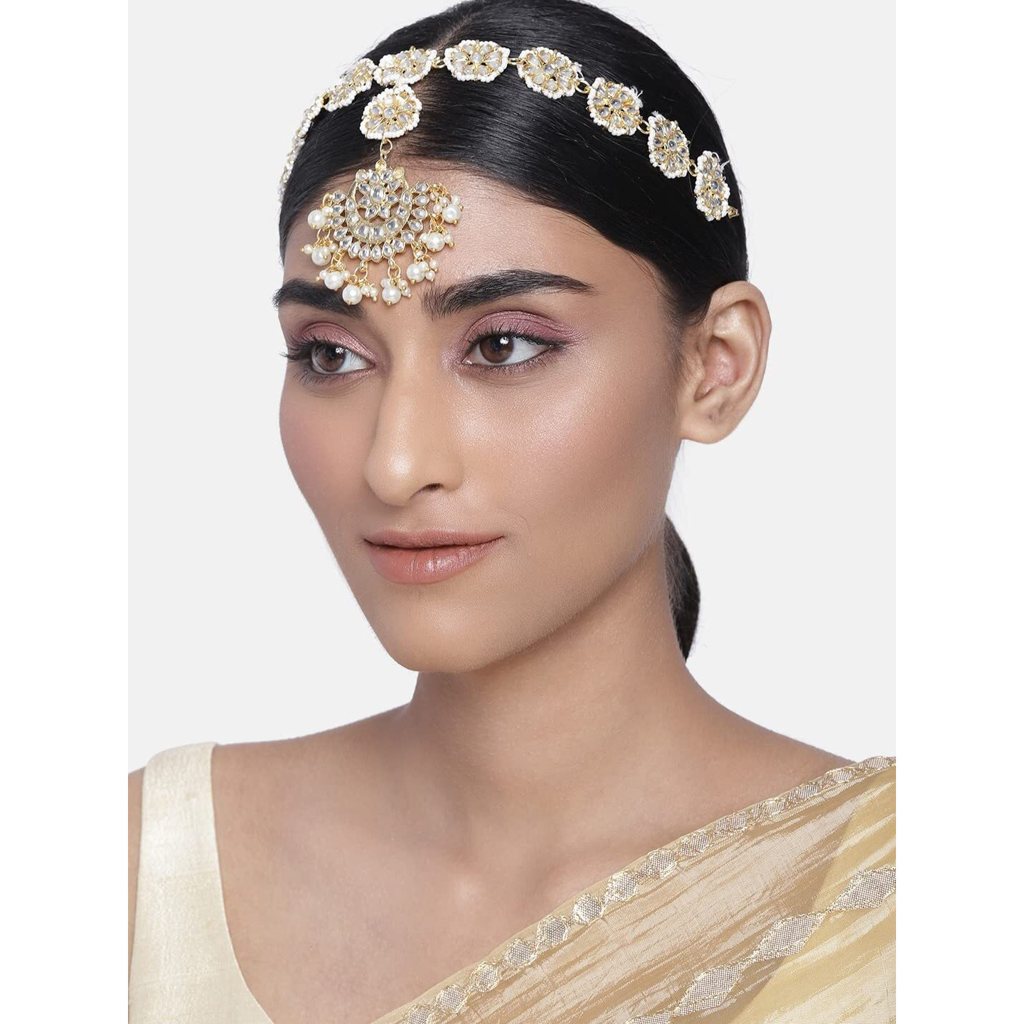 I Jewels Gold Plated Traditional Floral Kundan Pearl Studded Rajasthani Sheeshphool/SheeshPatti for Women (T2066W)
