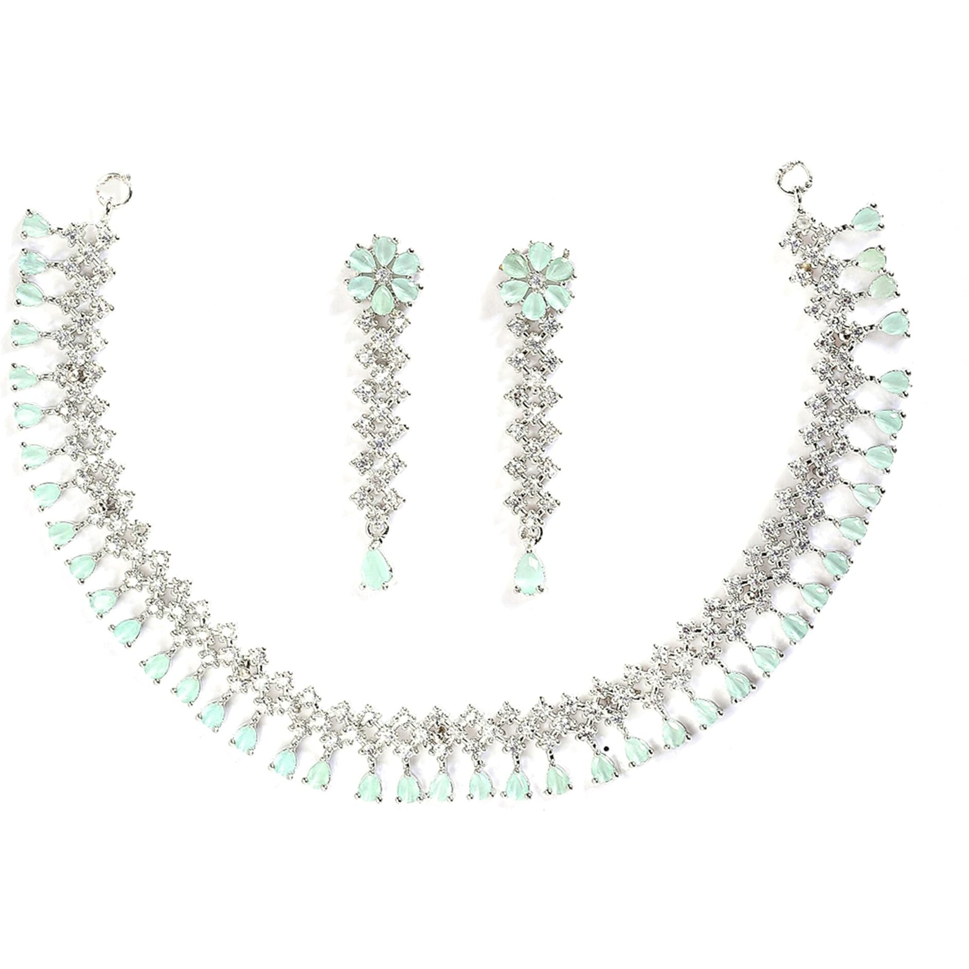 ZENEME Rhodium-Plated Necklace, Has Pink Ad-Studded Detail, Secured With A Fish-Hook Closure (Sea Green) For Women