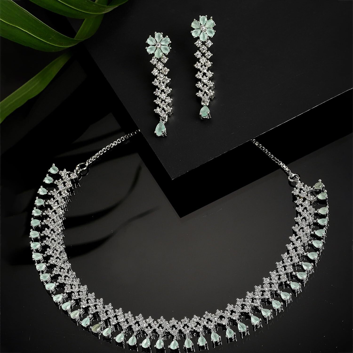 ZENEME Rhodium-Plated Necklace, Has Pink Ad-Studded Detail, Secured With A Fish-Hook Closure (Sea Green) For Women