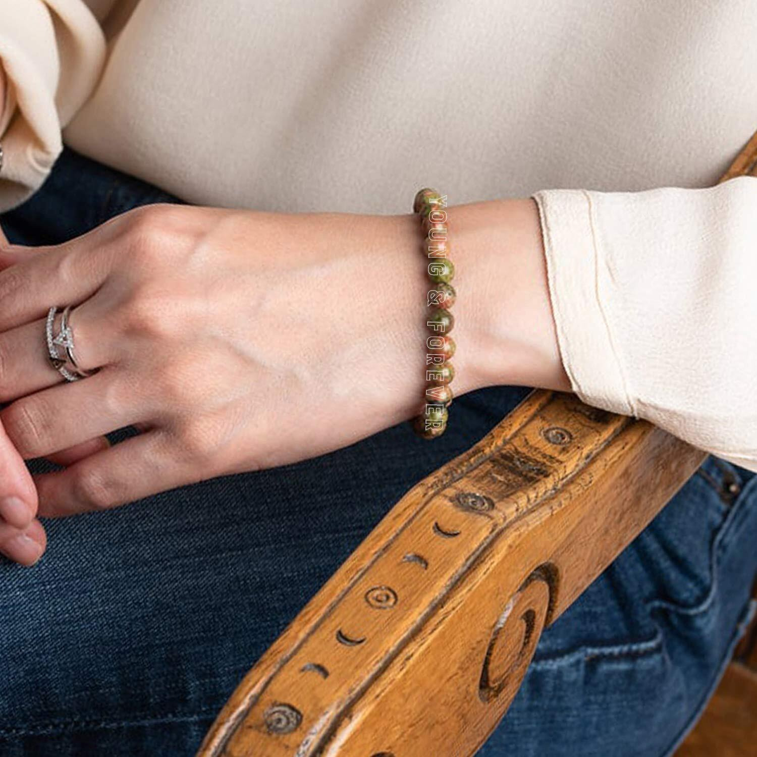 Young & Forever Gift Certified Reiki Crystal Semi Precious Gemstone Unakite Bracelet Creativity Energy Healing Stone Stretch Bracelet for Men and Women