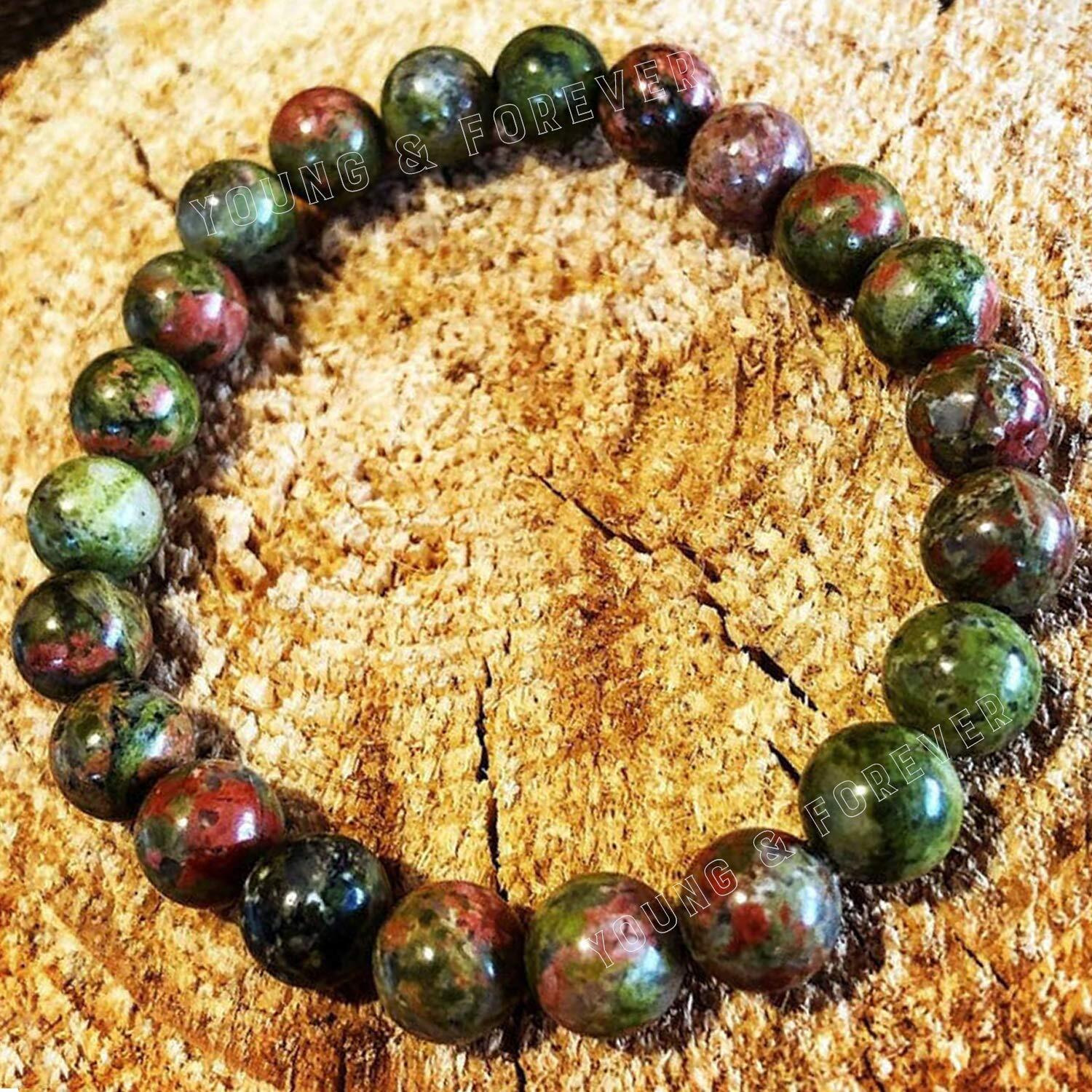 Young & Forever Gift Certified Reiki Crystal Semi Precious Gemstone Unakite Bracelet Creativity Energy Healing Stone Stretch Bracelet for Men and Women