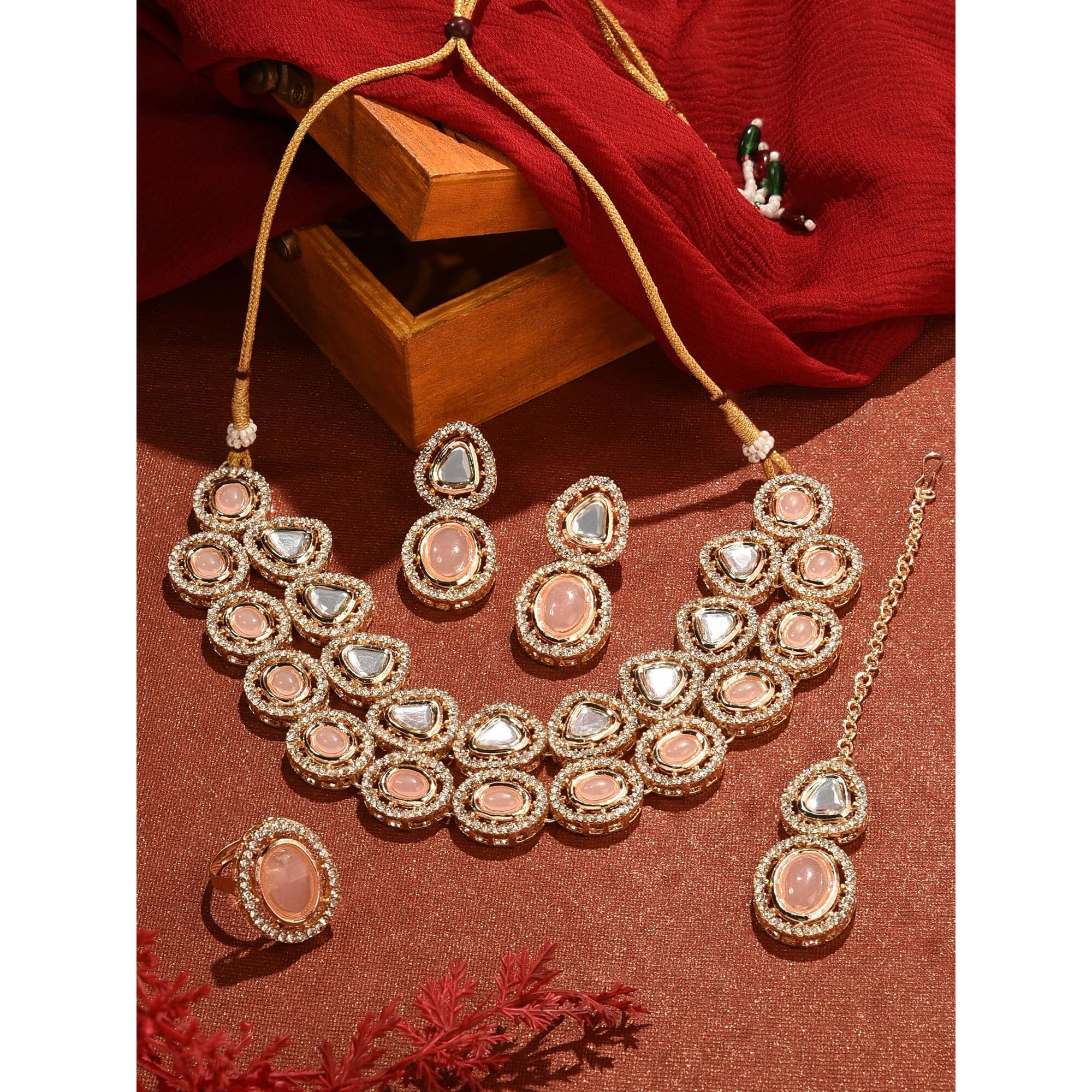 ZAVERI PEARLS Peach Double Layered Artificial Stones & Austrian Diamonds Necklace Earring Maangtikka & Ring Set For Women -ZPFK16489