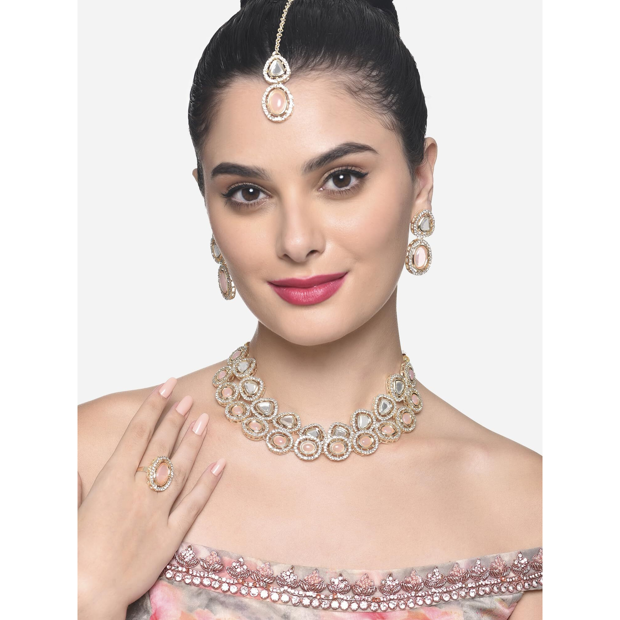 ZAVERI PEARLS Peach Double Layered Artificial Stones & Austrian Diamonds Necklace Earring Maangtikka & Ring Set For Women -ZPFK16489