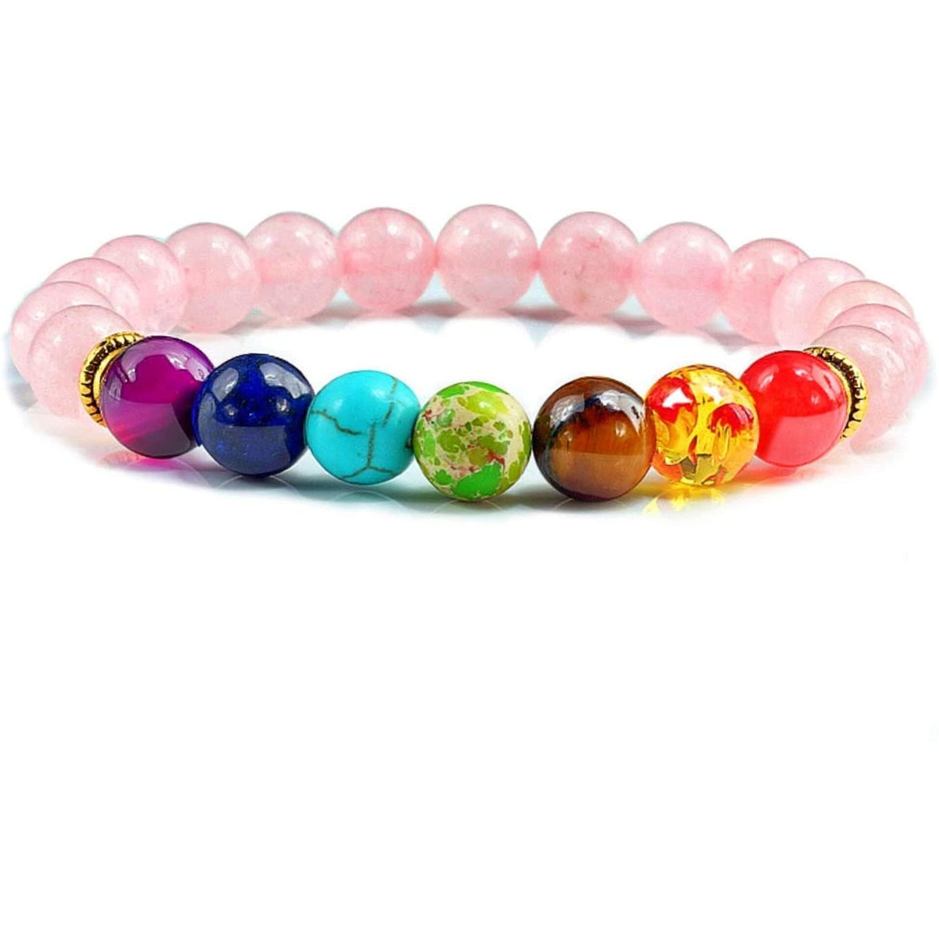 Hot And Bold 7 Chakra Triple Protection Bracelet Natural Stones With Certificate Of Authenticity For Unisex Adult (Rose Quartz 7 Chakra Bracelet)