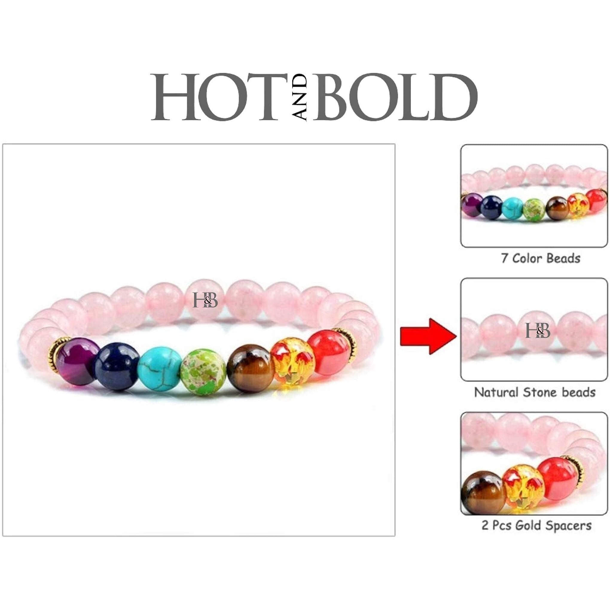Hot And Bold 7 Chakra Triple Protection Bracelet Natural Stones With Certificate Of Authenticity For Unisex Adult (Rose Quartz 7 Chakra Bracelet)