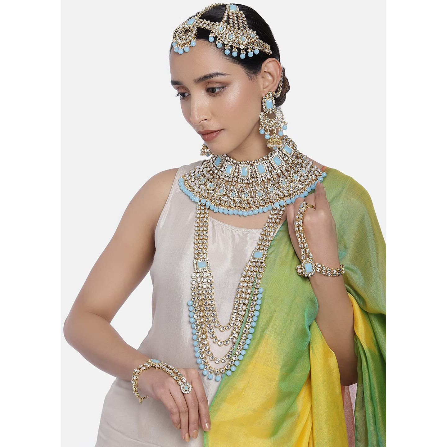 Peora Ethnic Indian Traditional Gold Plated Kundan Dulhan Bridal Jewellery Set with Choker Earrings Maang Tikka Hathphool for Women (Sky Blue)