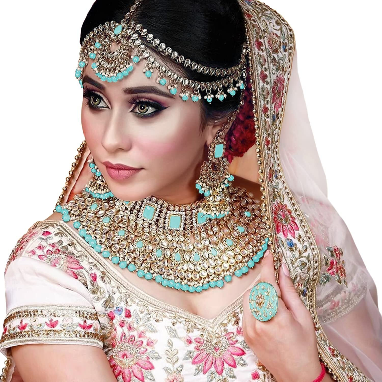 Peora Ethnic Indian Traditional Gold Plated Kundan Dulhan Bridal Jewellery Set with Choker Earrings Maang Tikka Hathphool for Women (Sky Blue)