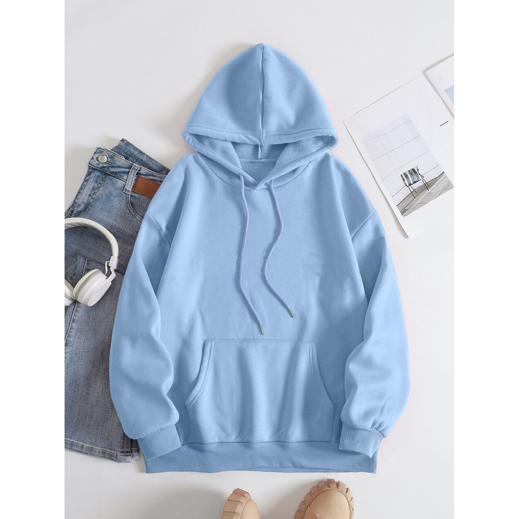 TAGAS Women's Printed Hoodies || Cotton Blend Regular Fit Sweatshirt for Women || Hoodies || Winter Wear for Women Sky Blue (Large)