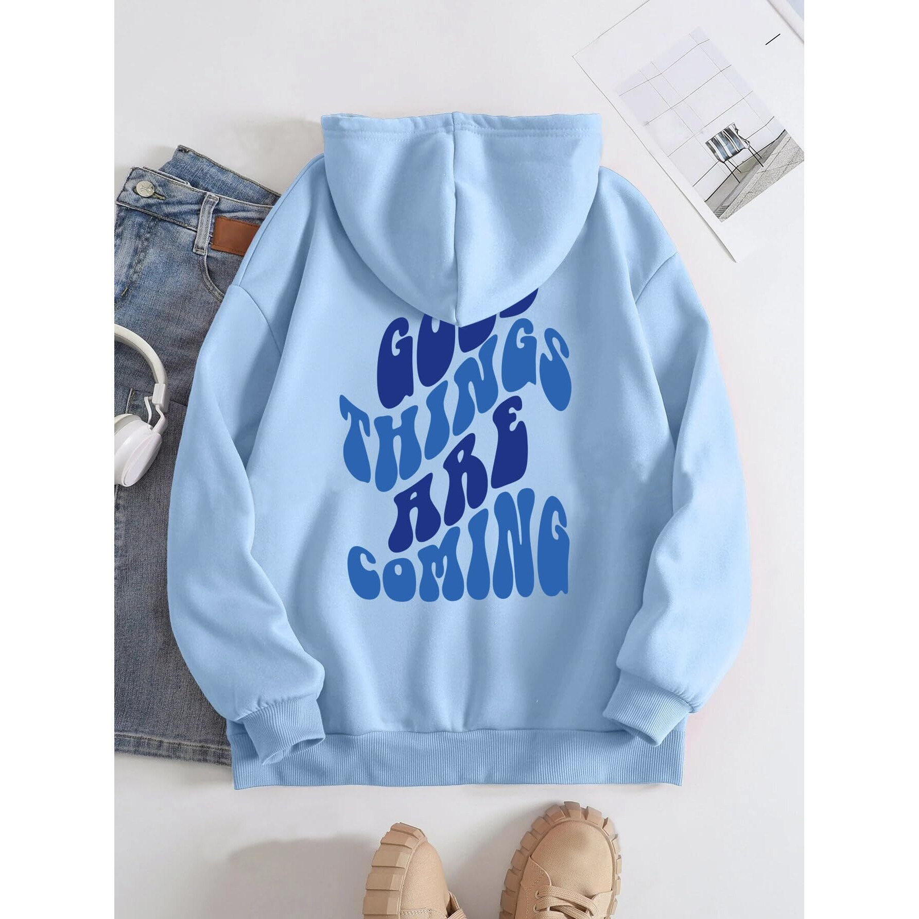 TAGAS Women's Printed Hoodies || Cotton Blend Regular Fit Sweatshirt for Women || Hoodies || Winter Wear for Women Sky Blue (Large)