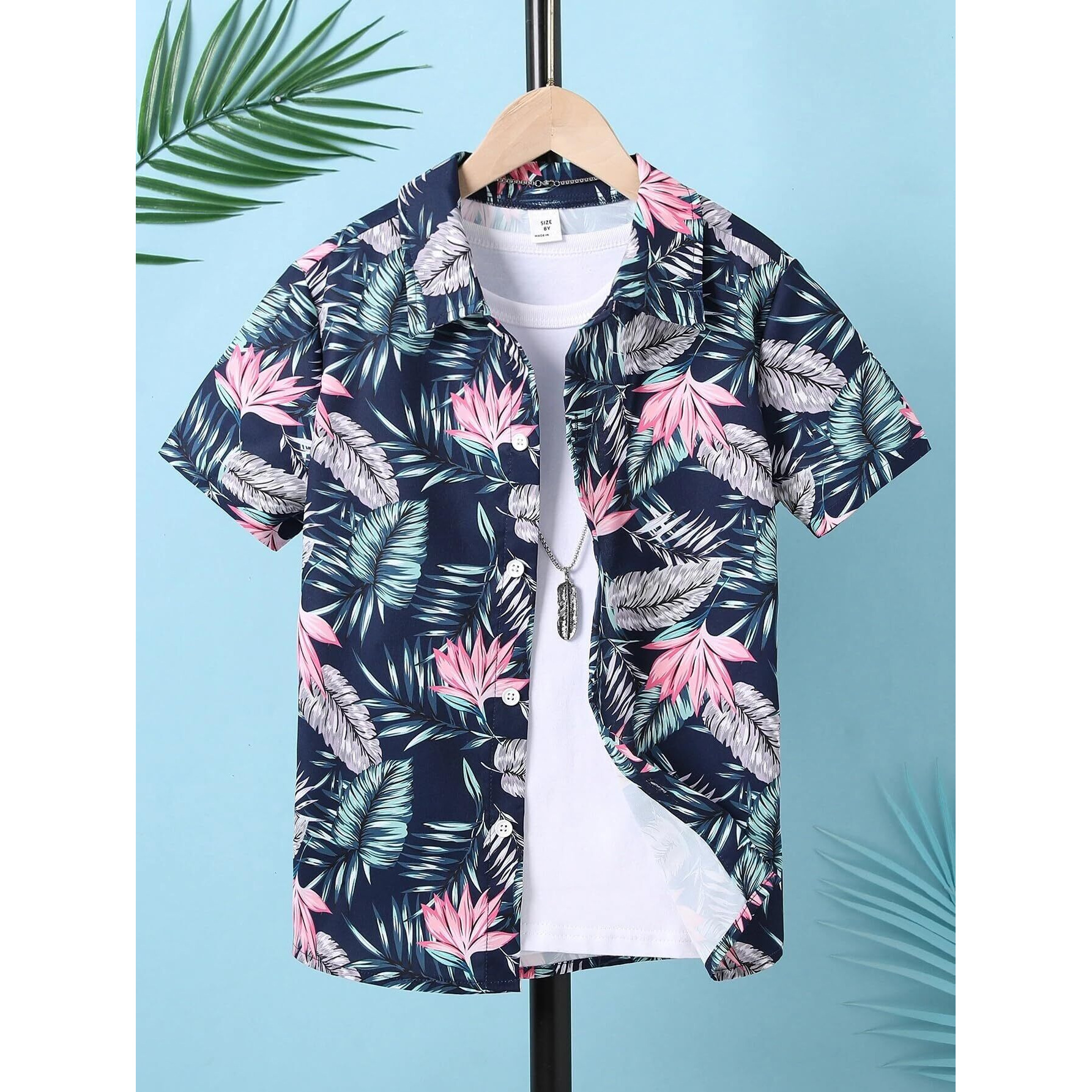 TAGAS Boy's Tropical Regular Fit Shirt (BS-3001-BLUE- Blue 13 Years-14 Years)