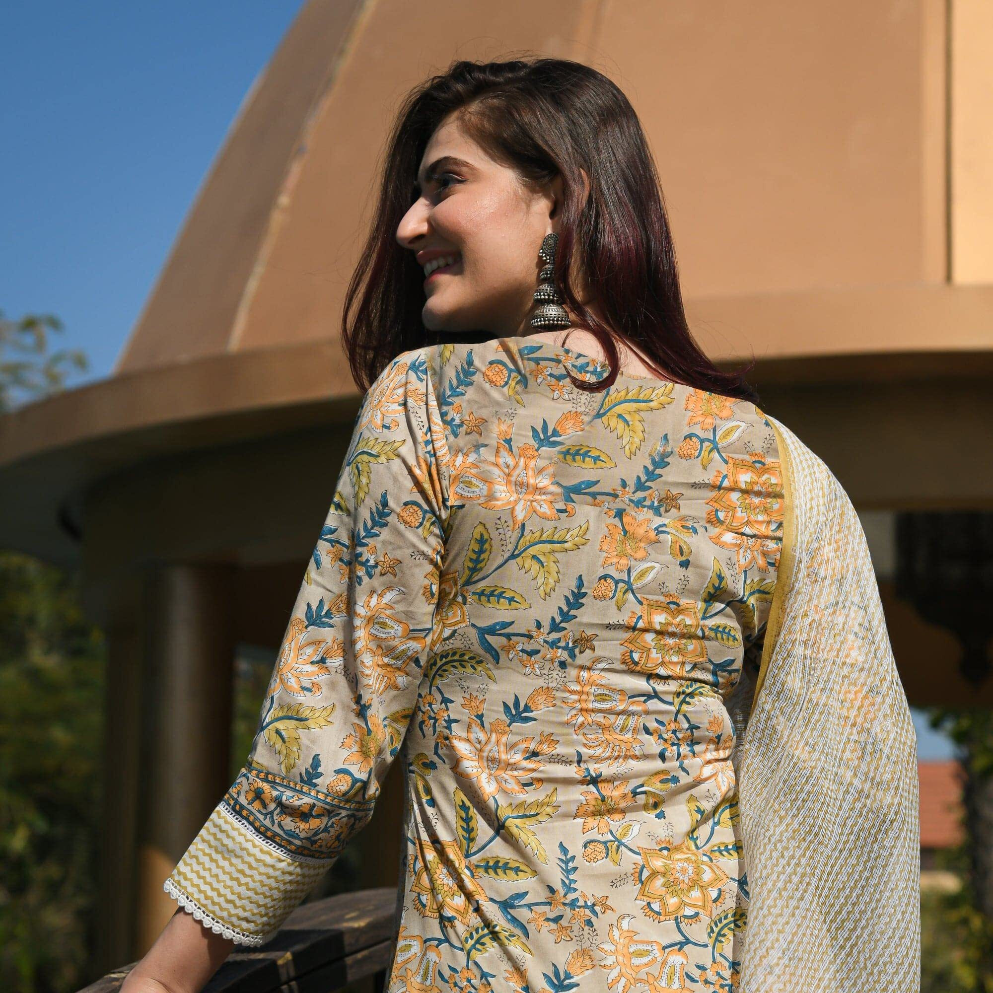 KLOSIA Women Kalmkari Printed Kurta and Pant Set with Dupatta (X-Large) Mustard