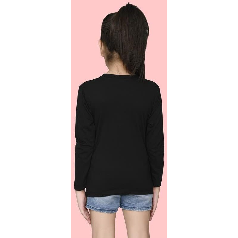 Nusyl Girl's Black Solid Cotton T Shirt | Plain | Round Neck | Full Sleeve - Regular Fit |