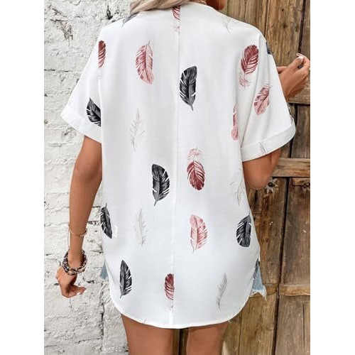 Leriya Fashion Western Top for Women || Feather Printed Rayon Shirt Style Tops for Women || V Neck || Roll Up Sleeve || Casual || Office || Summer Wear for Women (X-Large, White)