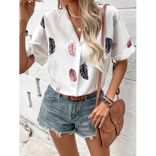 Leriya Fashion Western Top for Women || Feather Printed Rayon Shirt Style Tops for Women || V Neck || Roll Up Sleeve || Casual || Office || Summer Wear for Women (X-Large, White)