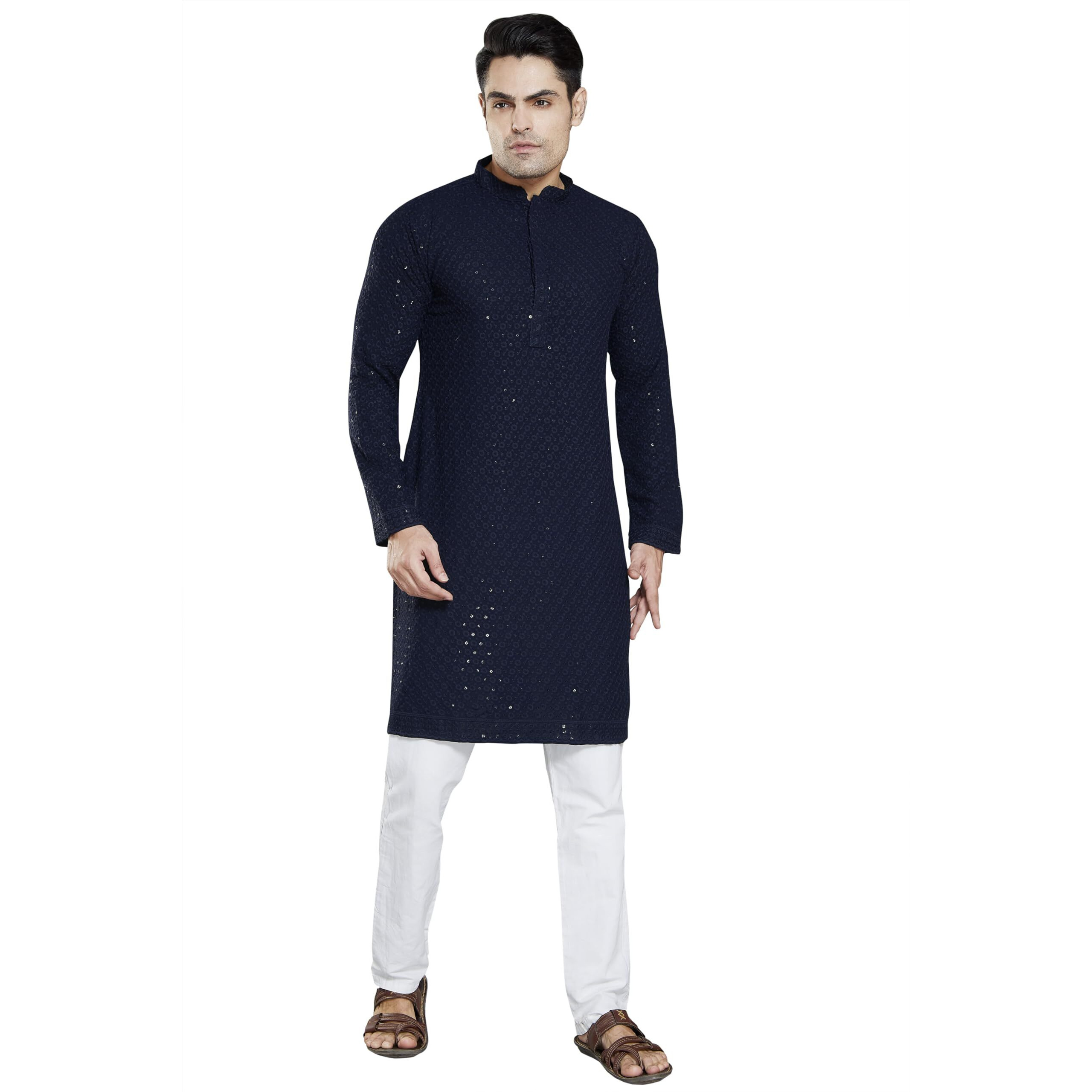 DIVISIVE Men's Sequince Embroidered Cotton Blend Only Slim Fit Kurta (DKRT19_L_Navy Blue)