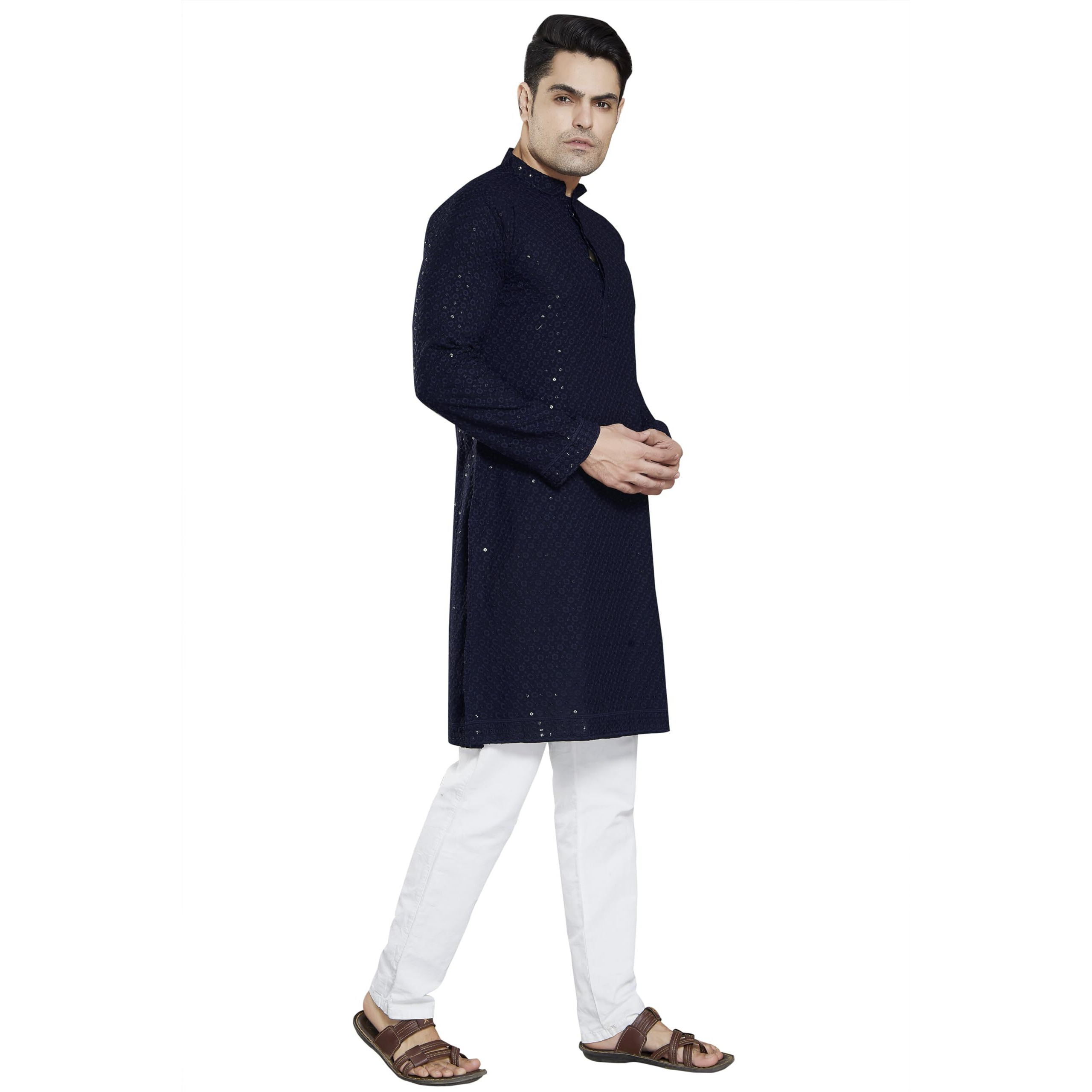 DIVISIVE Men's Sequince Embroidered Cotton Blend Only Slim Fit Kurta (DKRT19_L_Navy Blue)