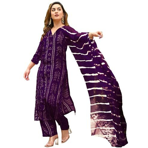 ANNI DESIGNER Women's Rayon Blend Straight Bandhej Printed Kurta with Pant & Dupatta (Baghira Begani_L_Begani_Large)