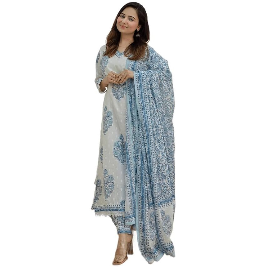 Nermosa Women Block Printed Kurta and Pant Set with Dupatta (X-Large) White