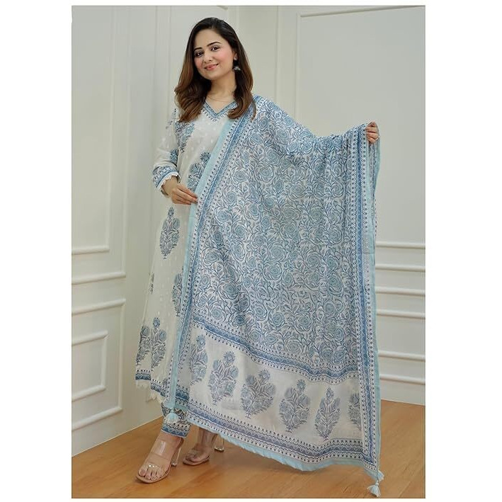 Nermosa Women Block Printed Kurta and Pant Set with Dupatta (X-Large) White