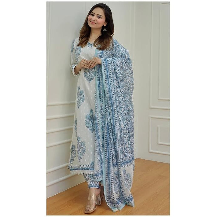 Nermosa Women Block Printed Kurta and Pant Set with Dupatta (X-Large) White