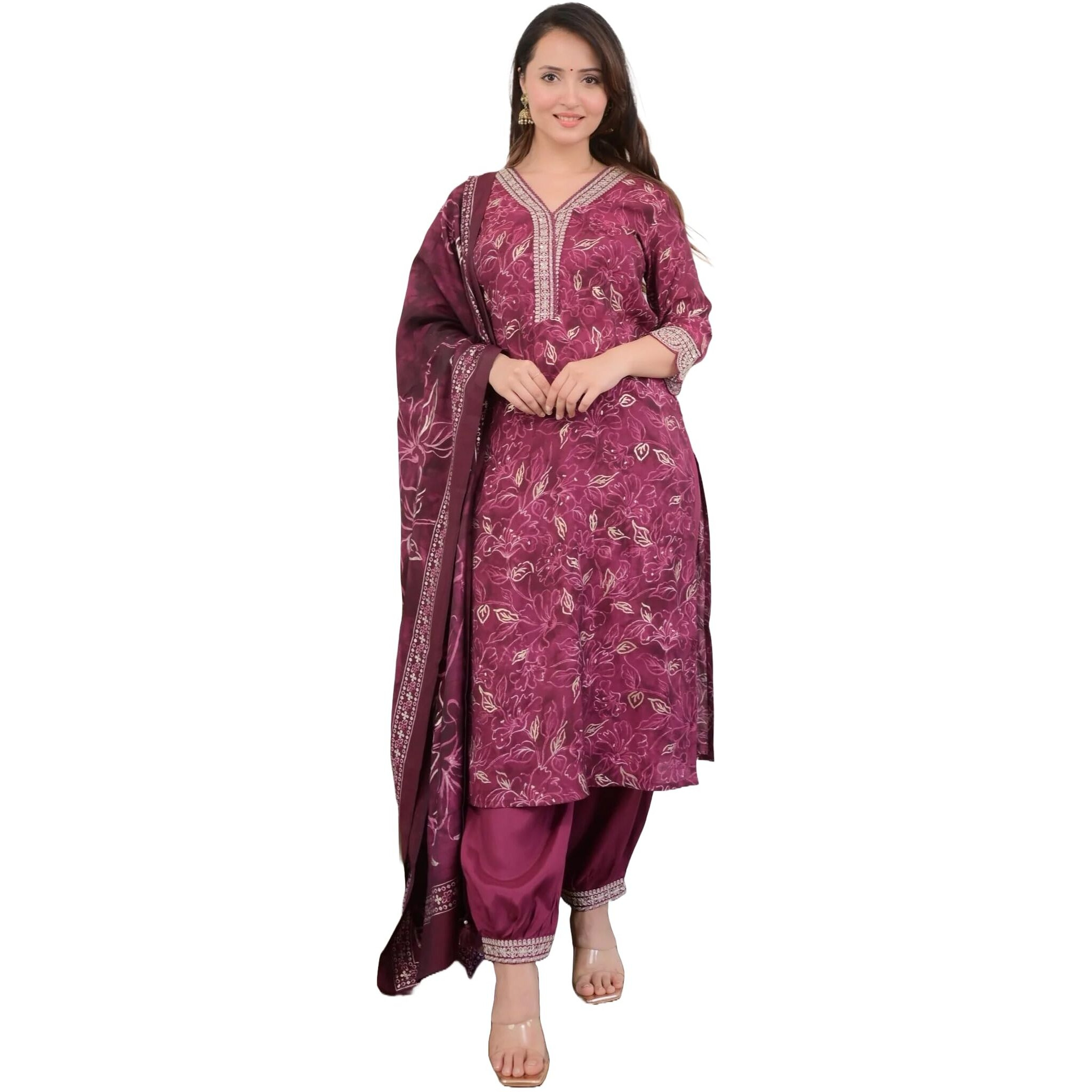 KLOSIA Women Viscose Printed Straight Kurta and Pant Set with Dupatta (in, Alpha, L, Maroon)