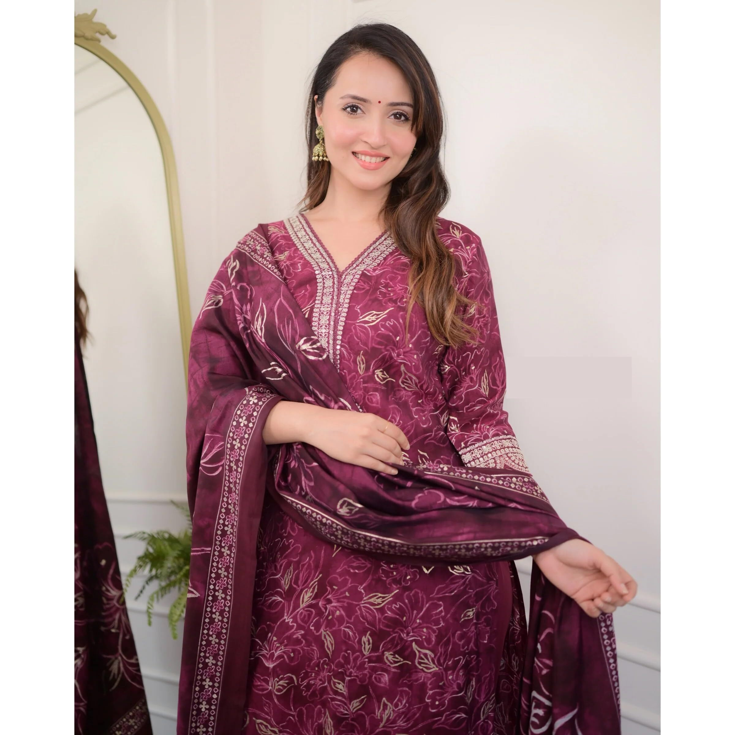 KLOSIA Women Viscose Printed Straight Kurta and Pant Set with Dupatta (in, Alpha, L, Maroon)