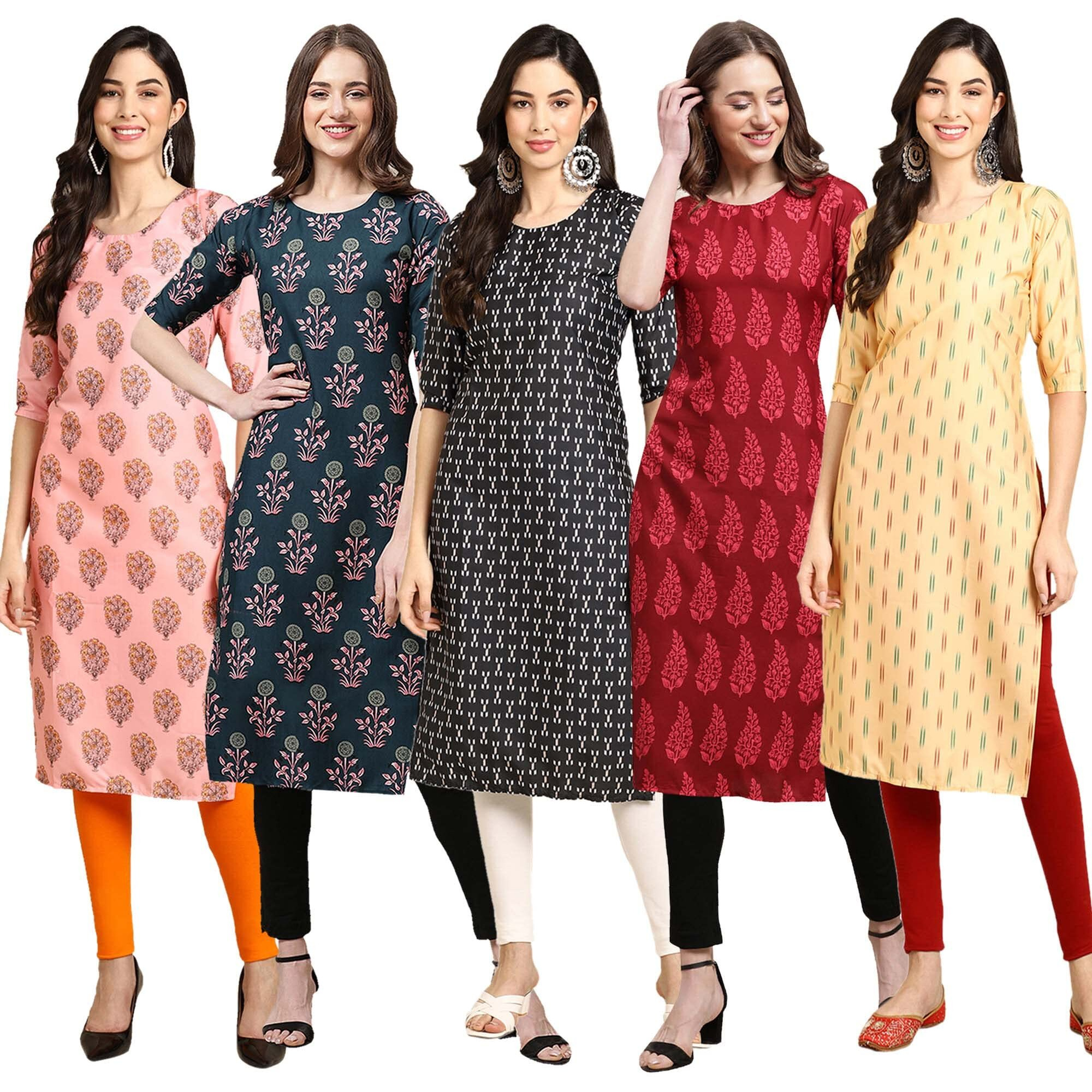 Pinkmint Women's Crepe Digital Print Straight Kurta (Pack of 5) [S-368-335-362-337-360-XXL]