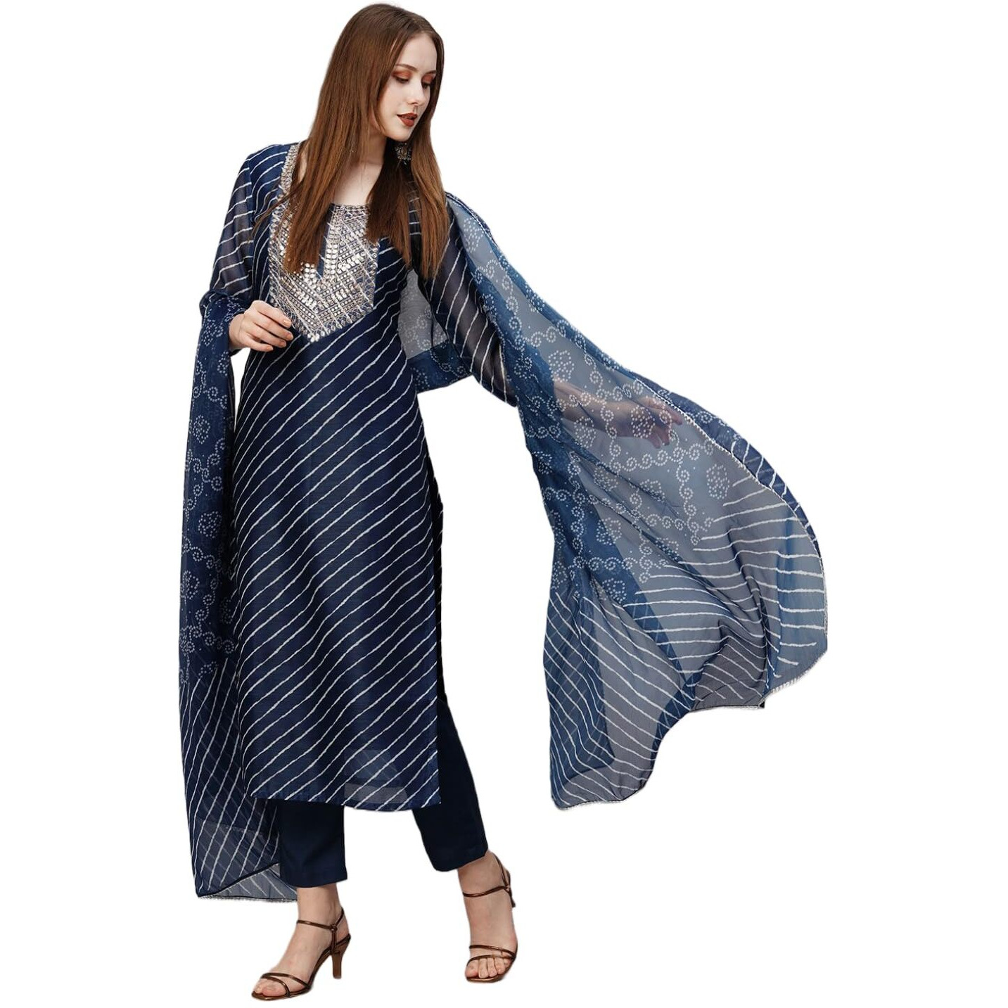 ANNI DESIGNER Women's Cotton Blend Straight Printed Kurta with Pant & Dupatta (Doremi Navy-NW_L_Navy Blue_Large)
