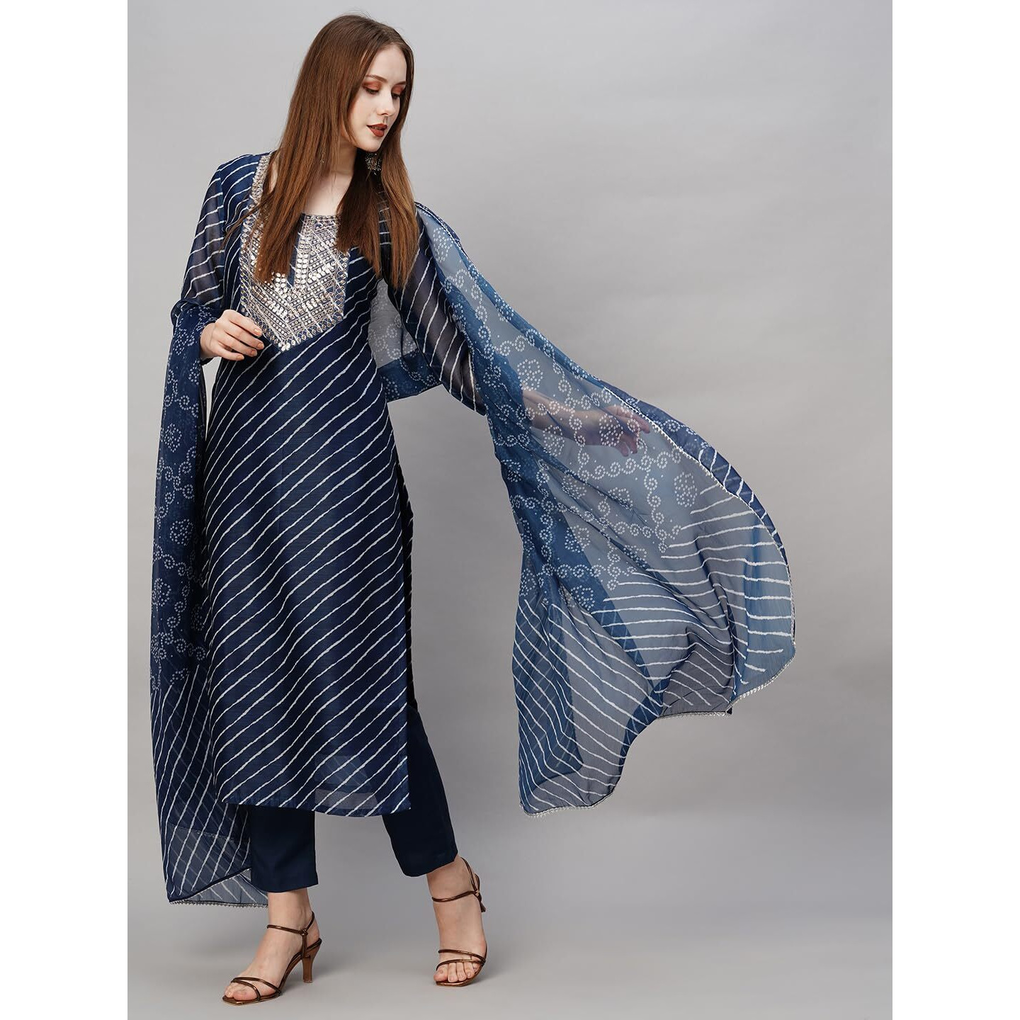 ANNI DESIGNER Women's Cotton Blend Straight Printed Kurta with Pant & Dupatta (Doremi Navy-NW_L_Navy Blue_Large)