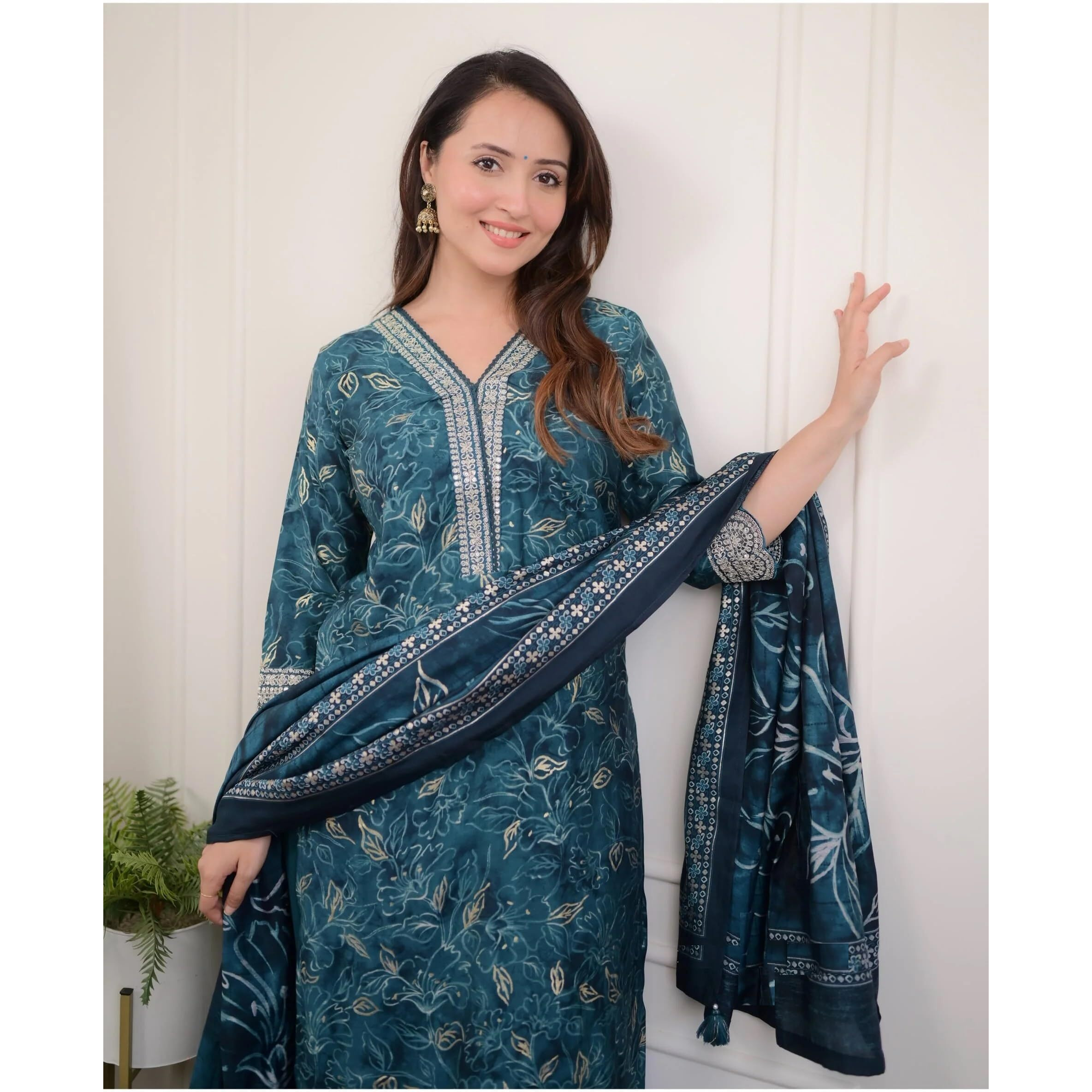 Nermosa Women Printed V-Neck Kurta with Pant Set with Dupatta | Embroidery Suit |