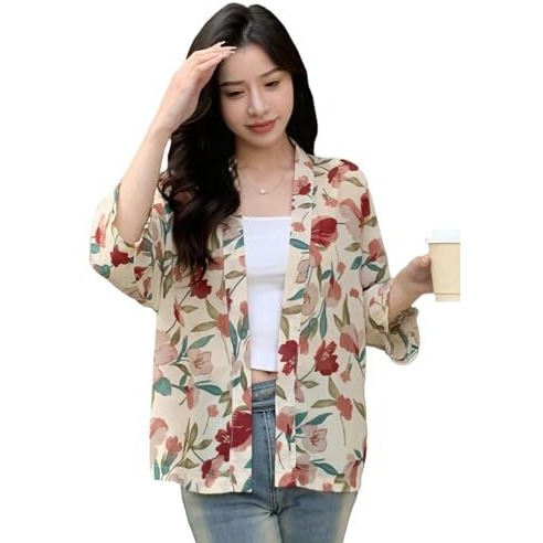TOPLOT Women's Front Open Floral Printed Shrug Top Regular Fit (Shrug-5148-Apricot-XL)