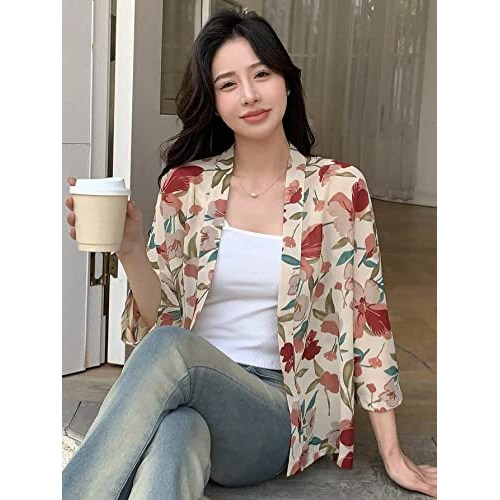 TOPLOT Women's Front Open Floral Printed Shrug Top Regular Fit (Shrug-5148-Apricot-XL)