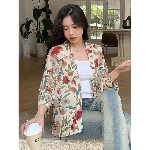 TOPLOT Women's Front Open Floral Printed Shrug Top Regular Fit (Shrug-5148-Apricot-XL)