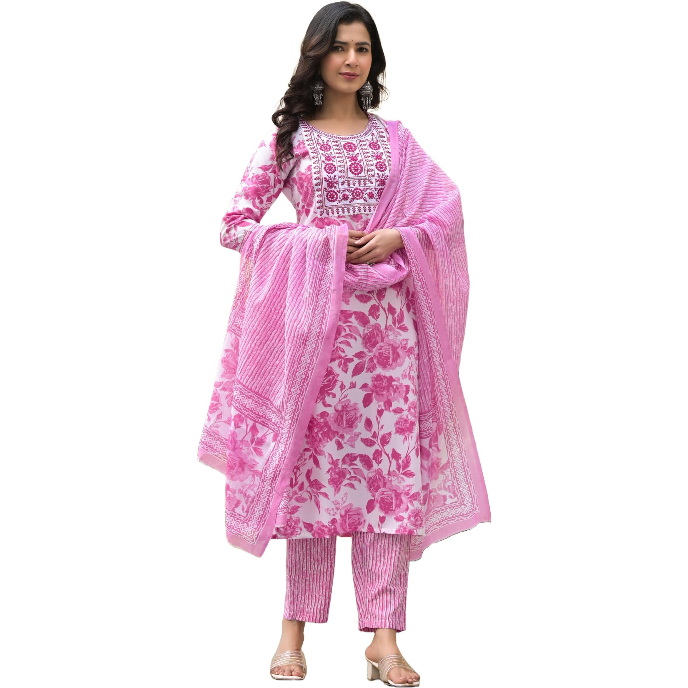KLOSIA Women Embroidery Straight Floral Printed Kurta and Pant Set with Dupatta | Ethnic Set | Dupatta Set | Suit Set | Kurta Set | Wedding Suit | (Medium) Pink