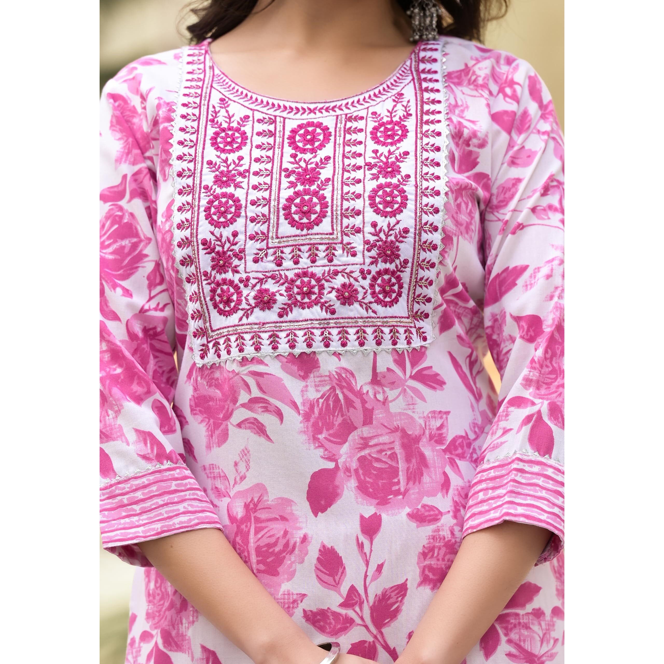 KLOSIA Women Embroidery Straight Floral Printed Kurta and Pant Set with Dupatta | Ethnic Set | Dupatta Set | Suit Set | Kurta Set | Wedding Suit | (Medium) Pink