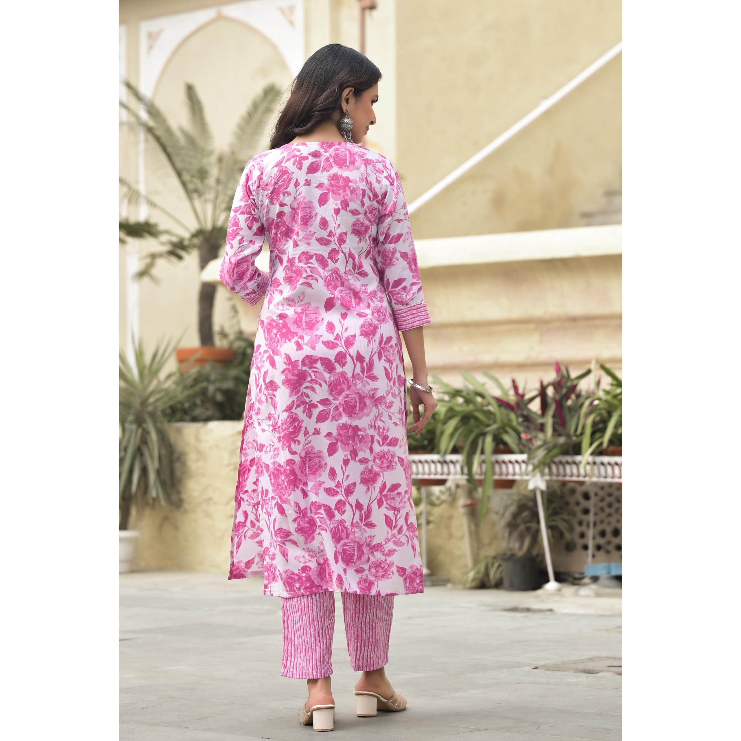 KLOSIA Women Embroidery Straight Floral Printed Kurta and Pant Set with Dupatta | Ethnic Set | Dupatta Set | Suit Set | Kurta Set | Wedding Suit | (Medium) Pink