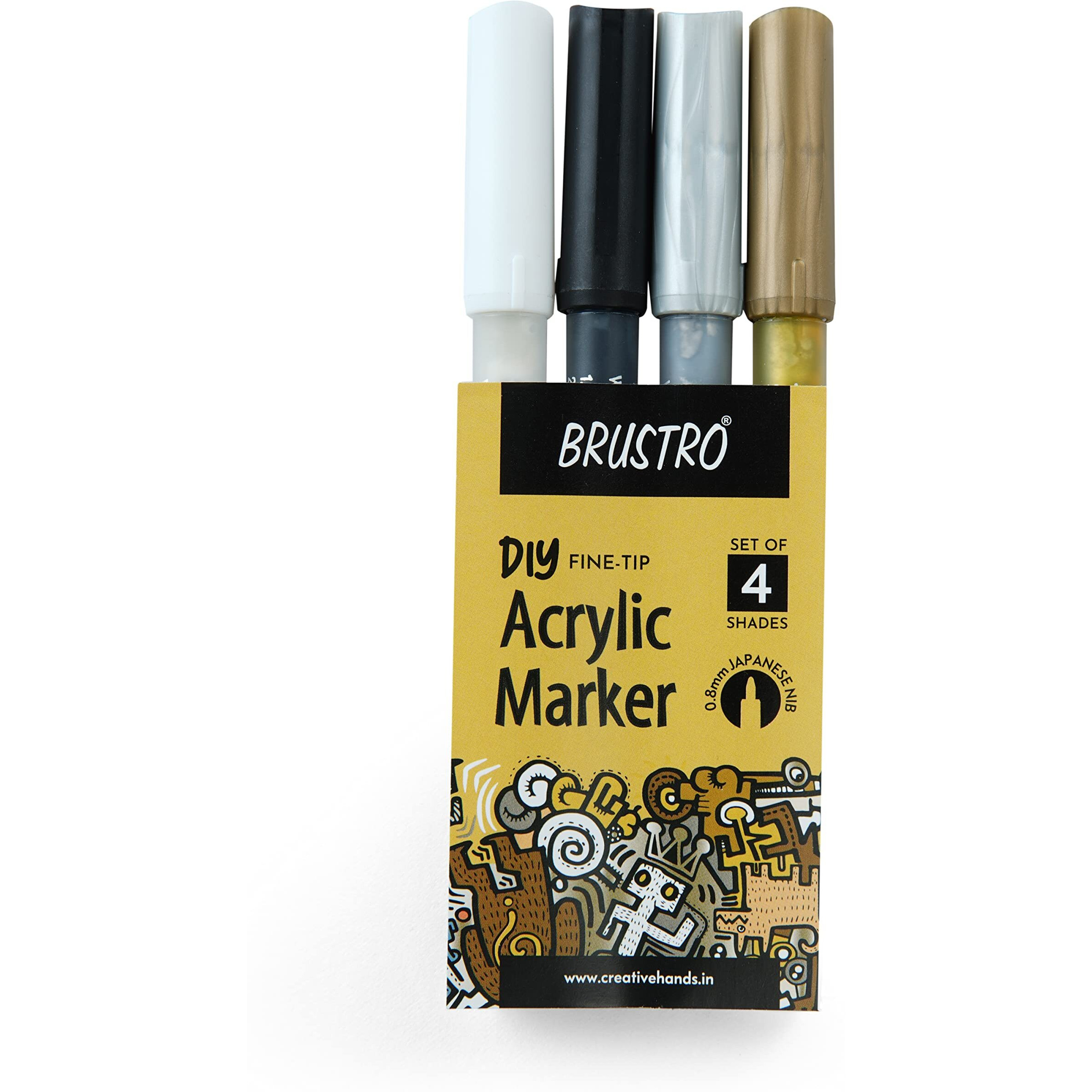 Brustro Acrylic (DIY) Fine Tip Marker Set of 4 - Gold, Silver, Black, White 0.8MM, for Craftworks, School Projects, and Other Presentations